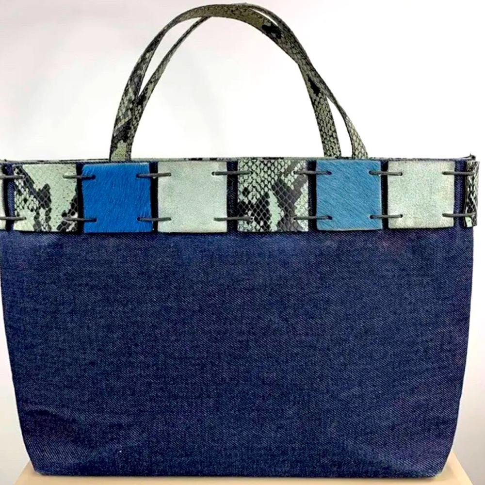 EUC BERGE Denim Tote handbag with leather, suede and mohair trim detail.
